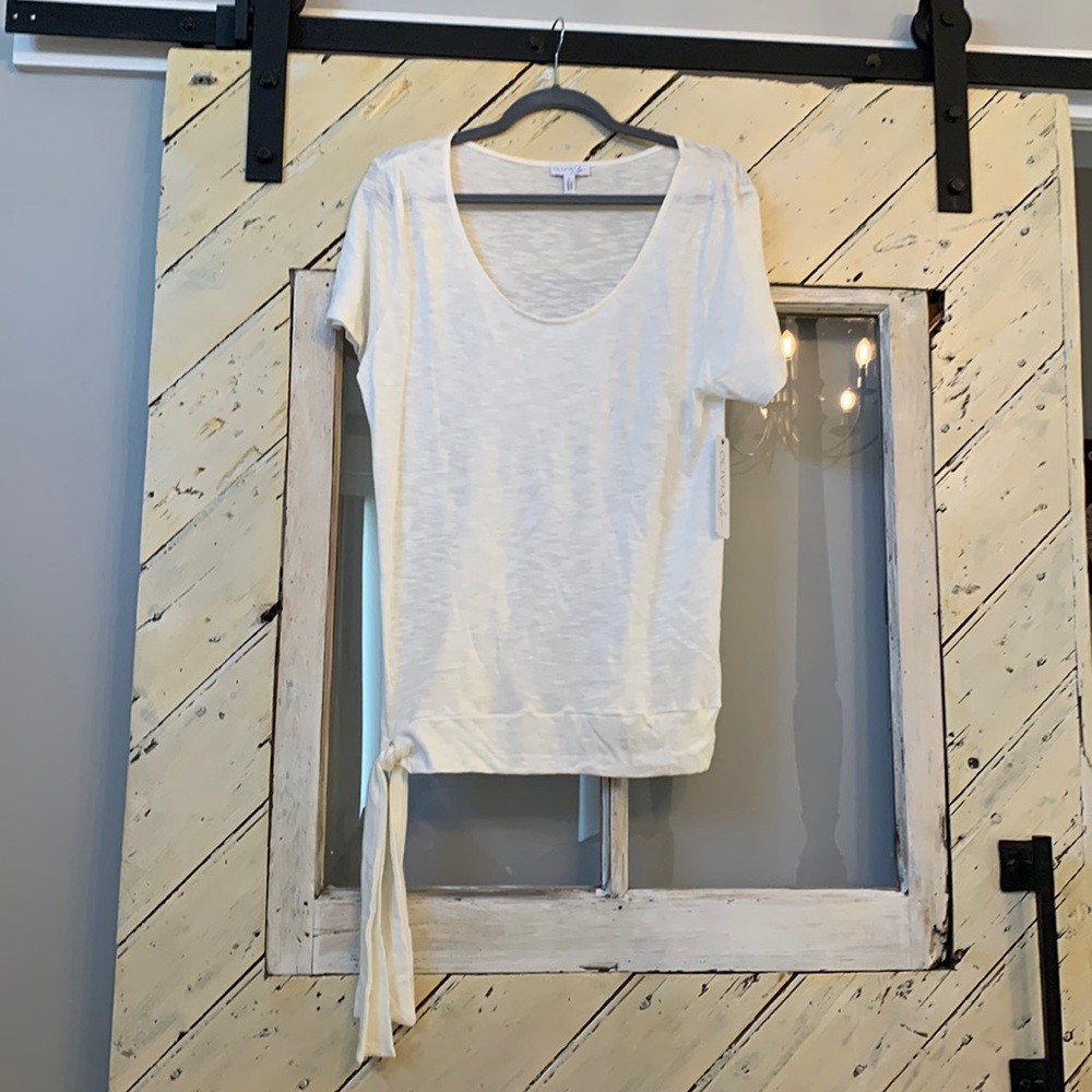 Olivia Sky Shirt Womens White Solid Tie Front  Short Sleeve Blouse L